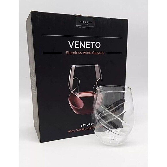 4 Venetian Stemless Wine Glasses NIC & SYD Home Clear Mouth Blown Glass 18 Oz - Picture 2 of 13